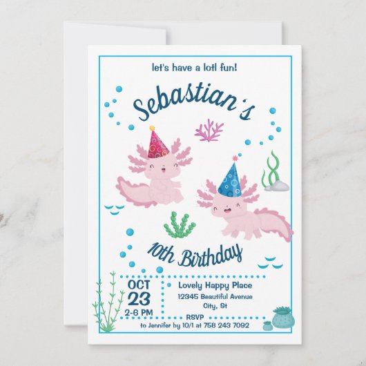 Baby Axolotl White Birthday Party Invitation Kaart (Voorkant)