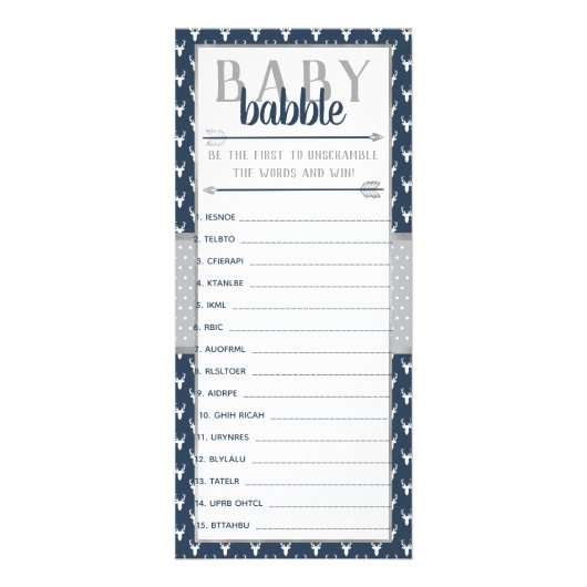 Baby Babble Word Scramble, Baby shower, Navy, Grij Reclamekaart (Voorkant)