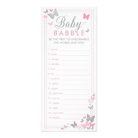 Baby Babble Word Scramble spel, Vlinders Reclamekaart (Voorkant)