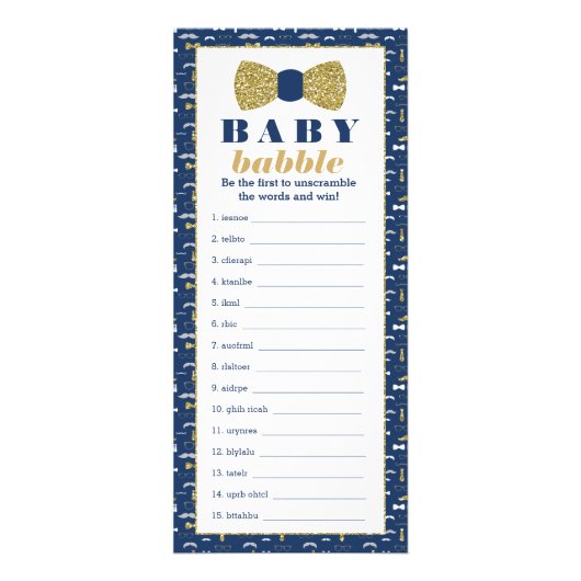 Baby Babbly woord scramble spel, boog Stropdas Reclamekaart (Voorkant)