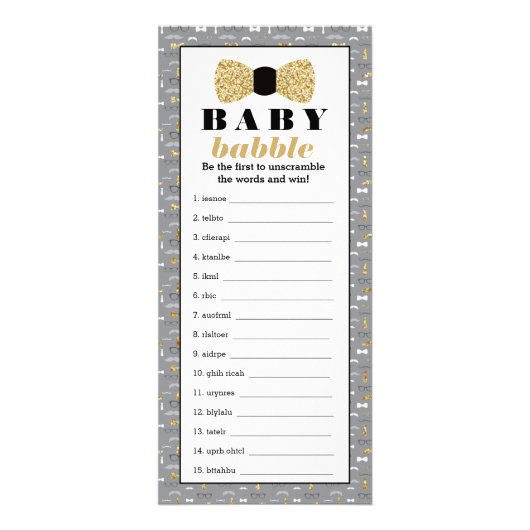 Baby Babbly woord scramble spel, boog Stropdas Reclamekaart (Voorkant)