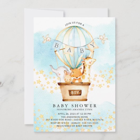 Baby Baby Animals Hot Air Ballon Baby Boy Shower Kaart (Voorkant)