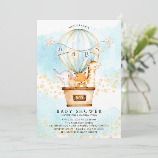 Baby Baby Animals Hot Air Ballon Baby Boy Shower Kaart (Staand voorkant)