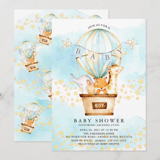 Baby Baby Animals Hot Air Ballon Baby Boy Shower Kaart (Voorkant / Achterkant)