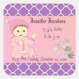 Baby Baby Girl in Roze met Bloemen Vierkante Sticker