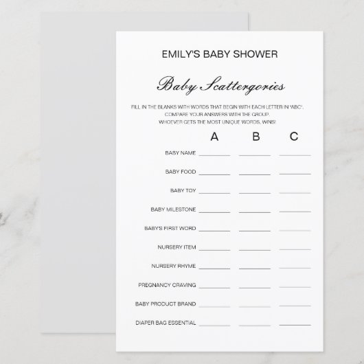 Baby Baby shower Game PRINED (Voorkant / Achterkant)