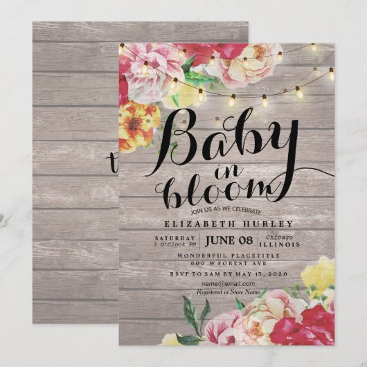Baby baby shower in Bloom Flower String Light Wood Kaart (Voorkant / Achterkant)