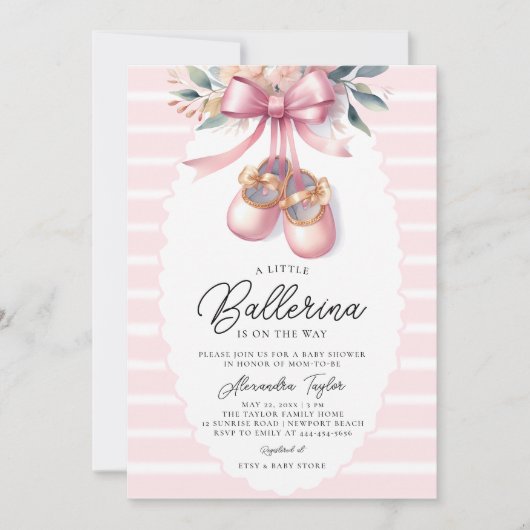 Baby Ballerina Schoenen Roze Bloemen Boog Meisje D Kaart (Voorkant)