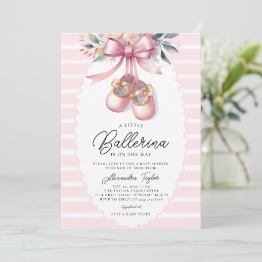 Baby Ballerina Schoenen Roze Bloemen Boog Meisje D Kaart (Staand voorkant)