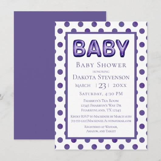 Baby-ballon | Royal Violet Paarse Baby shower Kaart (Voorkant / Achterkant)