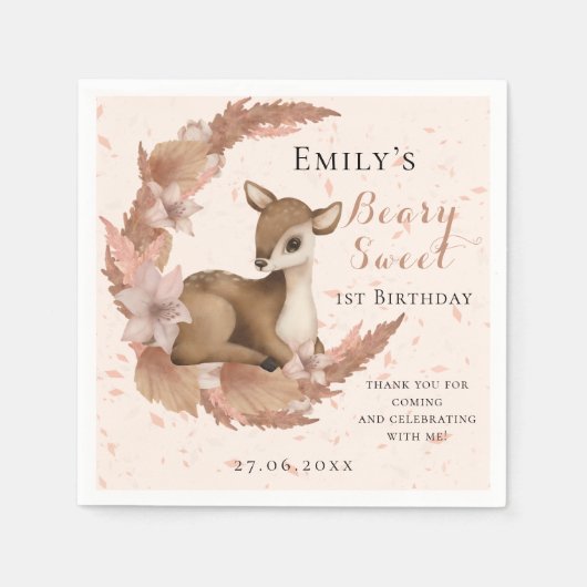 Baby Bambi & Flowers moon Dust Pink Birthday Servet (Voorkant)