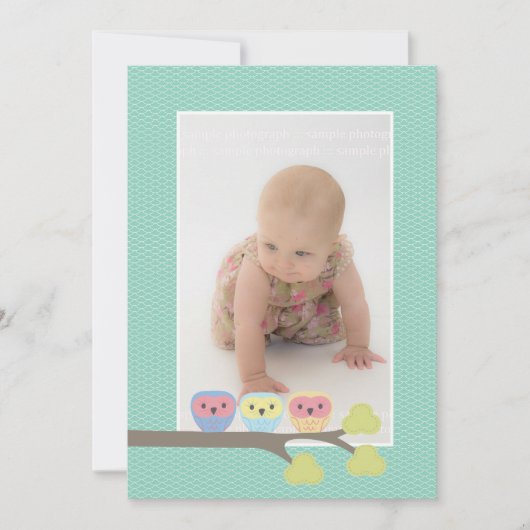 Baby Baptism Christening Aqua Owls Photo Invite Kaart (Voorkant)