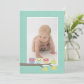 Baby Baptism Christening Aqua Owls Photo Invite Kaart (Staand voorkant)