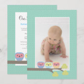 Baby Baptism Christening Aqua Owls Photo Invite Kaart (Voorkant / Achterkant)