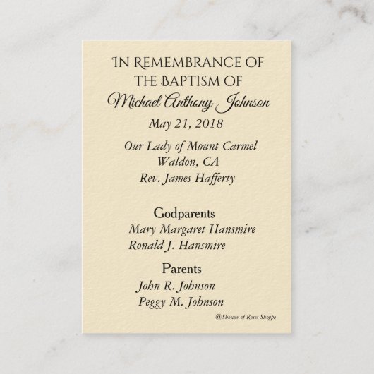 Baby Baptismal gedenken Angel Prayer Heilige Kaart Visitekaartje (Achterkant)