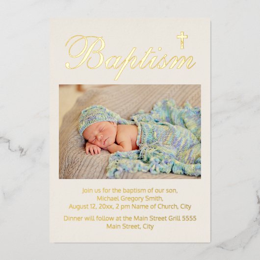 Baby Baptisme Foto Religieuze Kruis Folie Uitnodiging (Voorkant)
