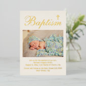 Baby Baptisme Foto Religieuze Kruis Folie Uitnodiging (Staand Voorkant)