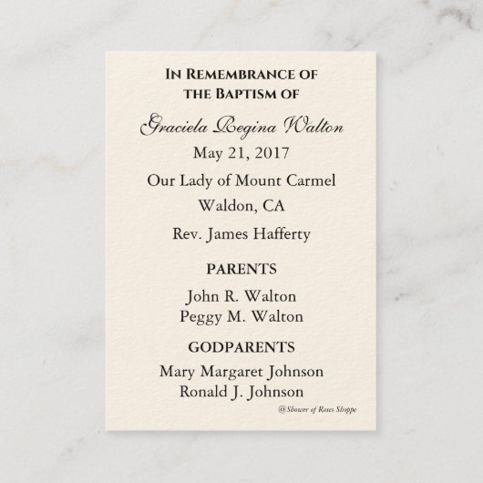 Baby Baptisme Herdenking Guardian Angel Heilige Ka Visitekaartje (Achterkant)