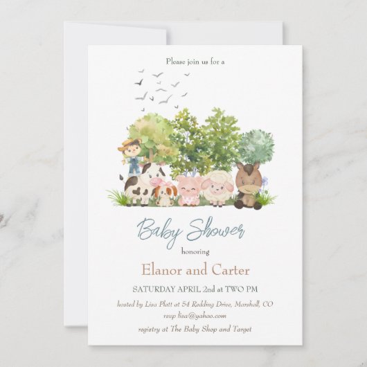Baby Barn Animals Coed Baby shower Invitation Kaart (Voorkant)