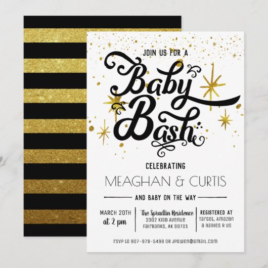 Baby Bash Uitnodiging | Zwart, Wit & Goud (Voorkant / Achterkant)