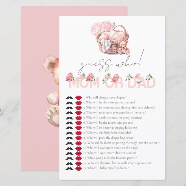 Baby Basket Baby shower Raad wie Spel (Voorkant / Achterkant)