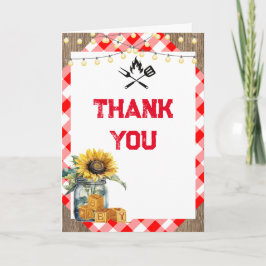 Baby BBQ rood plaid gingham baby shower foto Bedankkaart