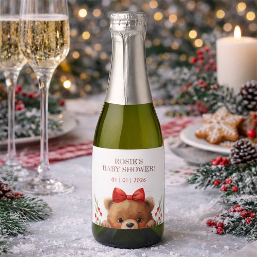 Baby Bear And Rowan Berries Baby Shower Sparkling Wijnetiket