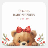 Baby Bear And Rowan Berries Baby Shower Vierkante Sticker (Voorkant)
