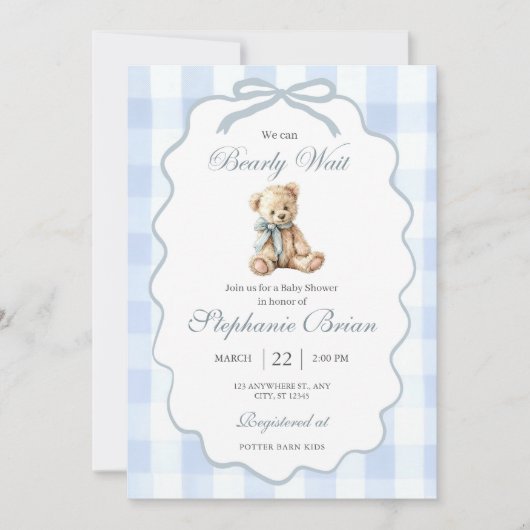 Baby Bear Baby Shower Invitation Editable Pale Blu Kaart (Voorkant)