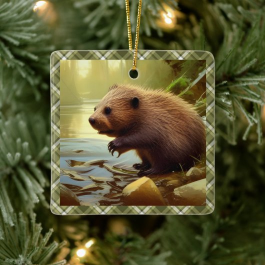 Baby Beaver Wildlife Portret Aangepast Keramisch Ornament (Boom)