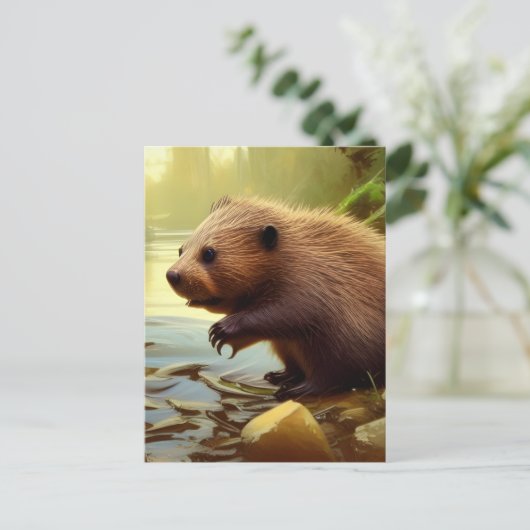 Baby Beaver Wildlife Portret Briefkaart (Staand voorkant)