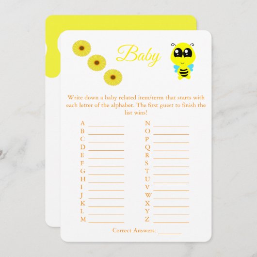 Baby Bee | ABC Baby shower Game Kaart Flyer (Voorkant / Achterkant)