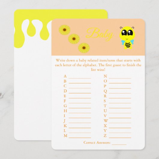 Baby Bee | ABC Baby shower Game Kaart Flyer (Voorkant / Achterkant)