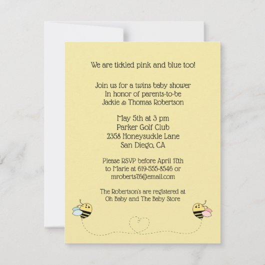 Baby Bee Boy en Girl Twins Kaart (Achterkant)
