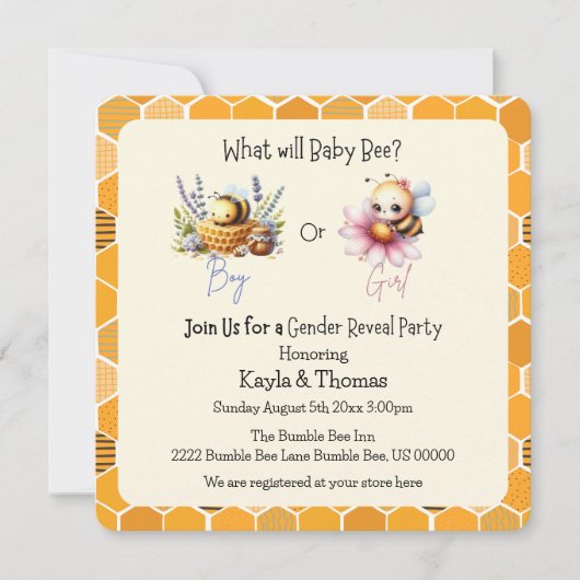 Baby Bee Gender Reveal Pink Blue Invitation Kaart (Voorkant)