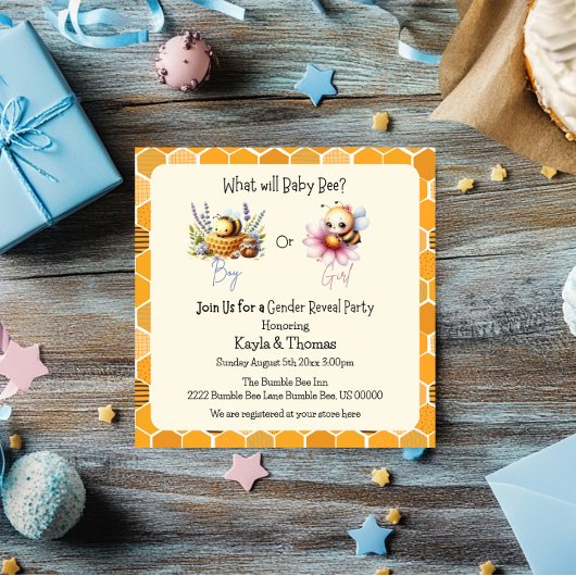 Baby Bee Gender Reveal Pink Blue Invitation Kaart