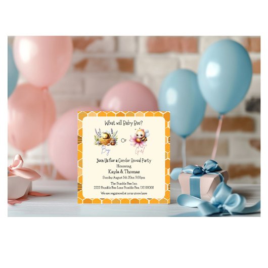 Baby Bee Gender Reveal Pink Blue Invitation Kaart