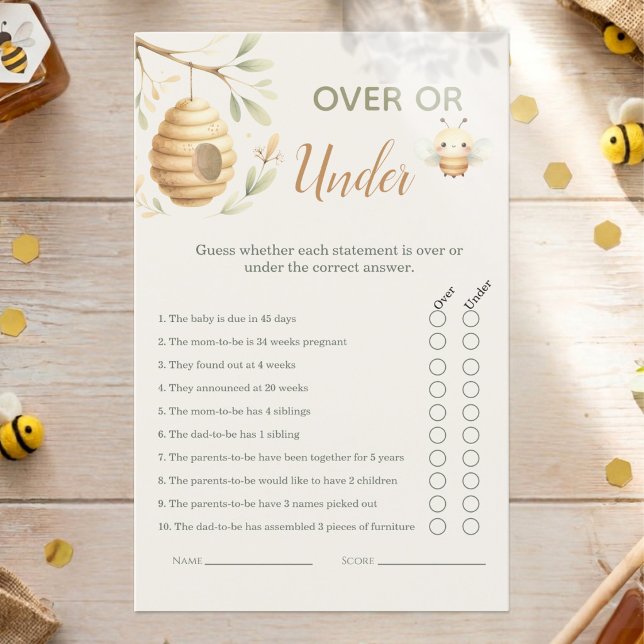 Baby Bee Geslacht Onthulling Over of Onder Spel (Over or Under Baby Shower Game. He or She? What Will Baby Bee? Gender Reveal)