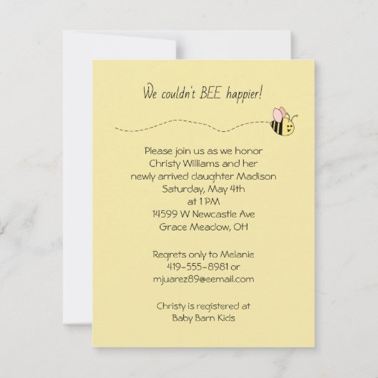 Baby Bee Girl Shower Kaart (Achterkant)