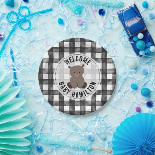 Baby Beer Black + White Gingham Baby shower Papieren Bordje (Feest)