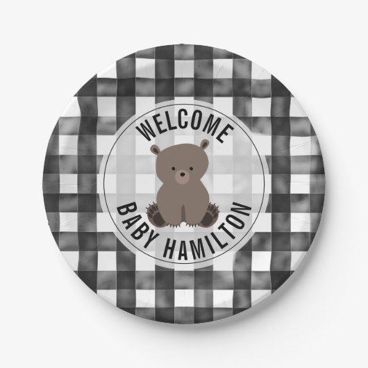 Baby Beer Black + White Gingham Baby shower Papieren Bordje (Voorkant)