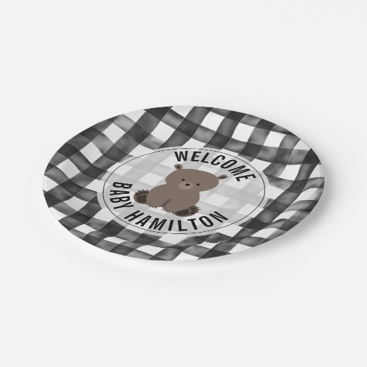 Baby Beer Black + White Gingham Baby shower Papieren Bordje (Gekanteld)