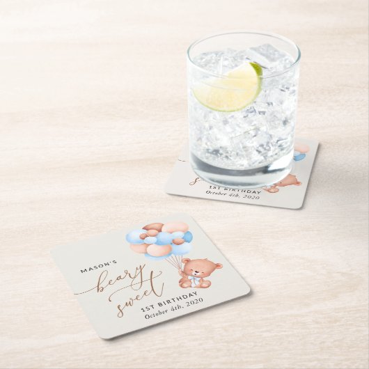 Baby Beer, Blue Balloons, eerste verjaardag Kartonnen Onderzetters (Insitu)