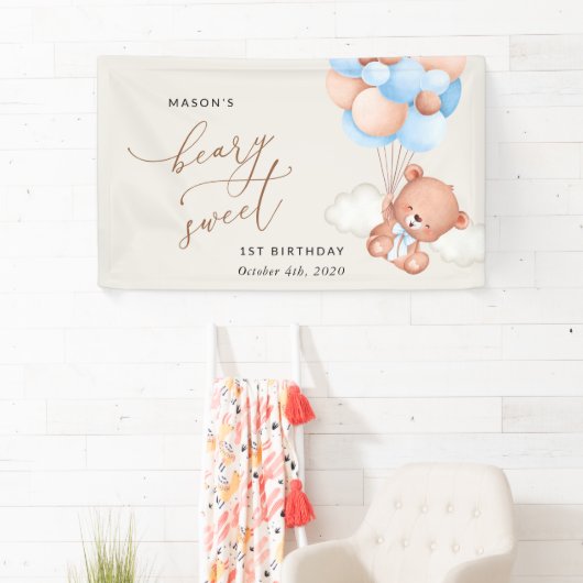 Baby Beer, Blue Balloons, Eerste Verjaardag Welkom Spandoek (Insitu)