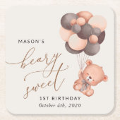 Baby-Beer, bruine ballonnen, eerste verjaardag Kartonnen Onderzetters (Voorkant)