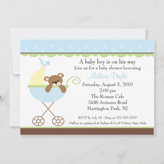 Baby Beer Carriage Boy Baby shower Invitation Kaart (Voorkant)