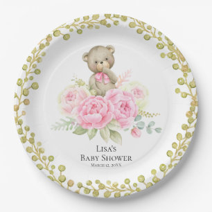 Baby Beer Girl Pink Flowers Papieren Borden Papieren Bordje