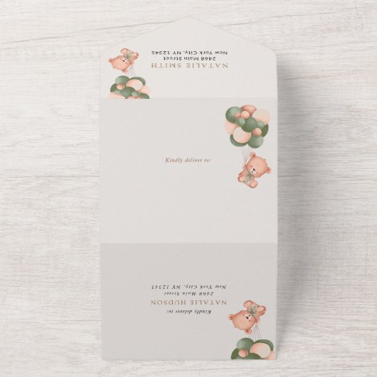 Baby Beer, groene ballonnen, eerste verjaardag All In One Uitnodiging (Buitenkant)