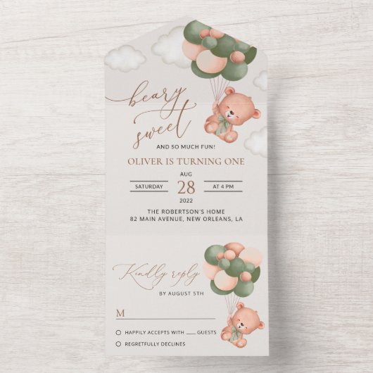 Baby Beer, groene ballonnen, eerste verjaardag All In One Uitnodiging (Binnen)