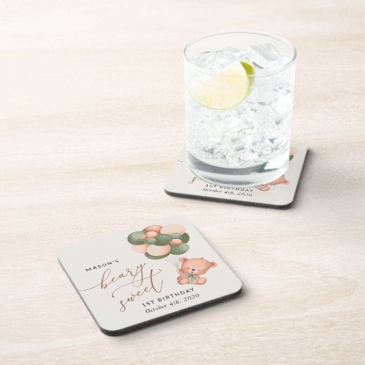 Baby Beer, groene ballonnen, eerste verjaardag Bier Onderzetter (Rechterzijde)